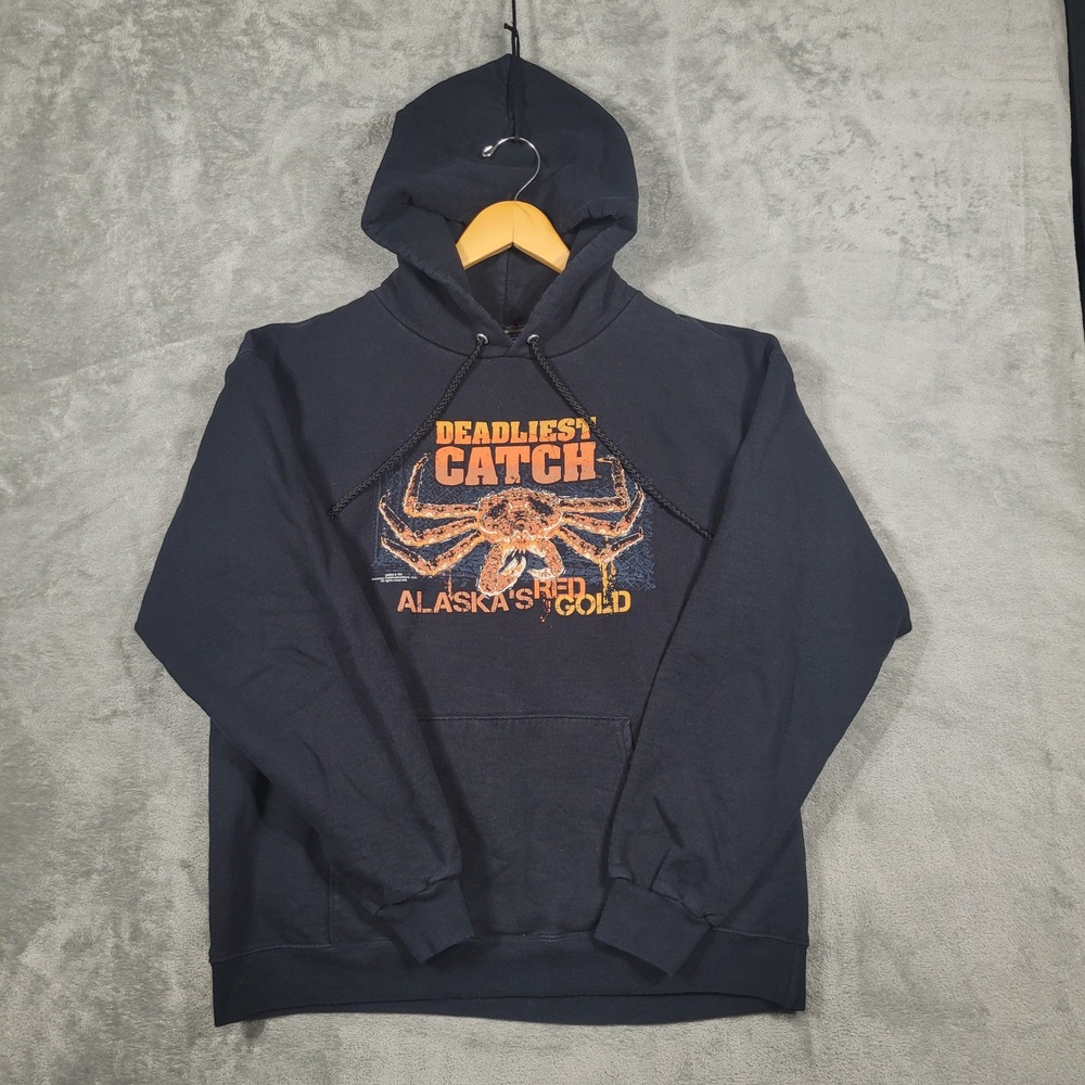 Deadliest Catch Hoodie Mens M Black Alaska Red Gold Crab Hanes Y2K TV Show 2009